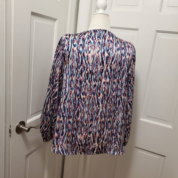 ee:some Retro Print V Neck Bubble Sleeve Colorful Blouse Size Large - Picture 5 of 10